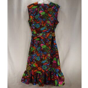 Vintage 60s Retro Mod Brown Neon Sheath Shift Tunic Dress Belted Sleeveless M/L